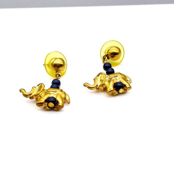 Vintage Gold Tone Elephant Earrings, Dangle Drop with Blue Beads and Lucky Trunk - Picture 3 of 3